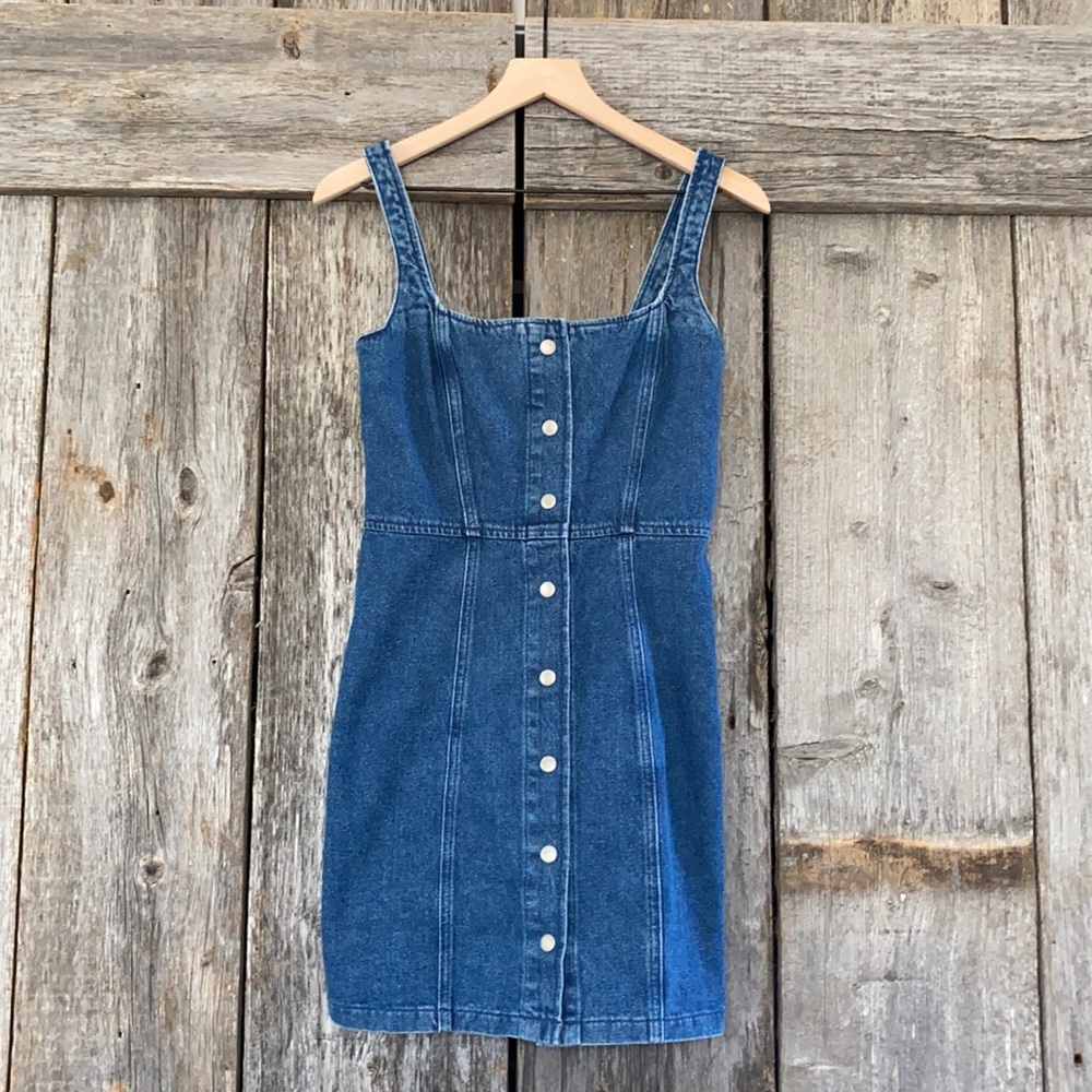 asos DENIM Jean Snap Button Fitted Bodycon Sleeveless Mini Dress Jumper US Sz4